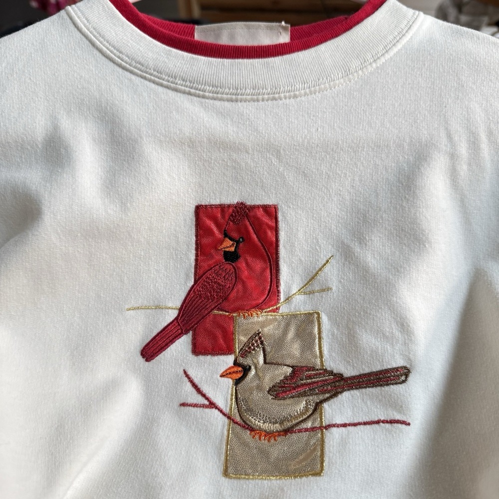 Vintage 90s M&C Sportswear Cardinal Birds Grandma Cottagecore Sweatshirt M Ivory